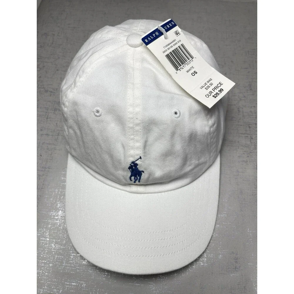 Polo Ralph Lauren Men's O/S Adjustable Baseball Cap Cotton White /Blue Pony Logo - Picture 4 of 11